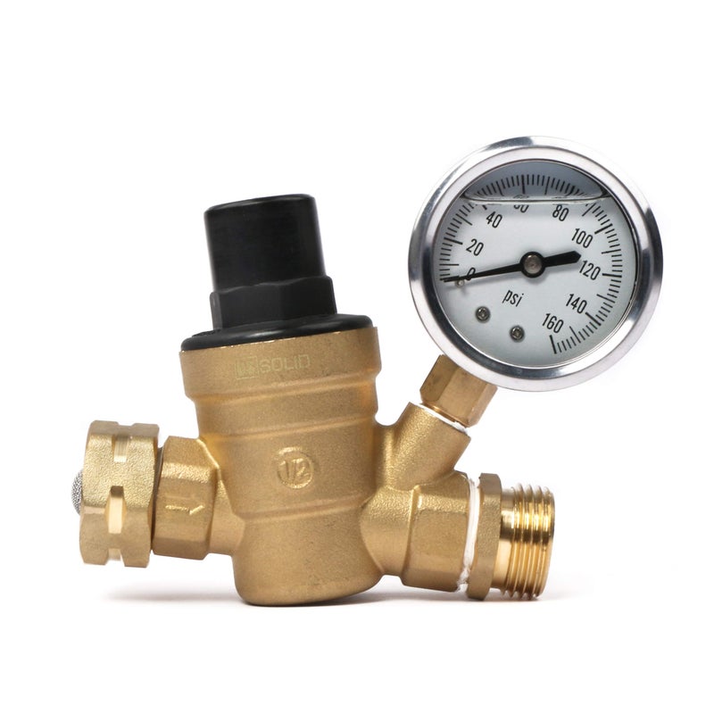 U.S. Solid 3/4" GHT RV Water Pressure Regulator, Adjustable Lead-Free Brass Water Regulator Valve with Gauge & Filter for RV, Camper & Garden Hose - Image 1